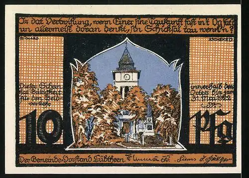 Notgeld Lübtheen 1921, 10 Pfennig, Gebäude und Denkmal in Landschaft