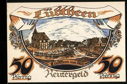 Notgeld Lübtheen 1922, 50 Pfennig, ländliche Szene und historische Stadtansicht