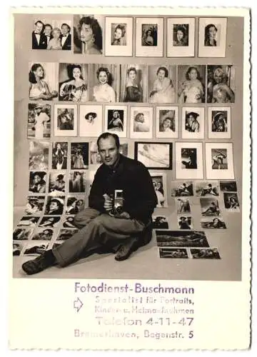 3 Fotografien Fotodienst-Buschmann, Bremerhaven, Fotograf mit Fotoapparat & Beispiele seiner Arbeit