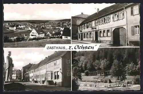 AK Buchen i. Odw., Gasthof zum Ochsen, Geschäft der Gebr. Stetter, Schwimmbad