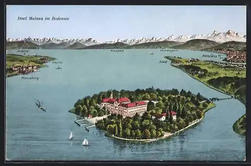 AK Insel Mainau, Panorama aus der Vogelschau mit Meersburg und Konstanz