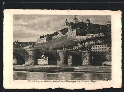 Künstler-AK Würzburg, Mainbrücke u. Festung Marienberg