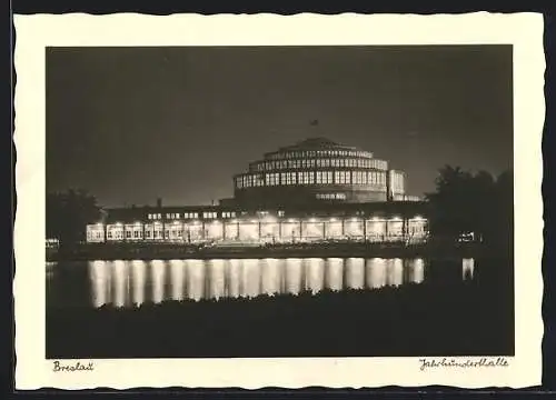 AK Breslau, Jahrhunderthalle bei Nacht