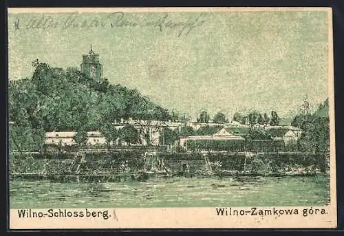 Lithographie Wilno, Schlossberg-Panorama vom Wasser aus