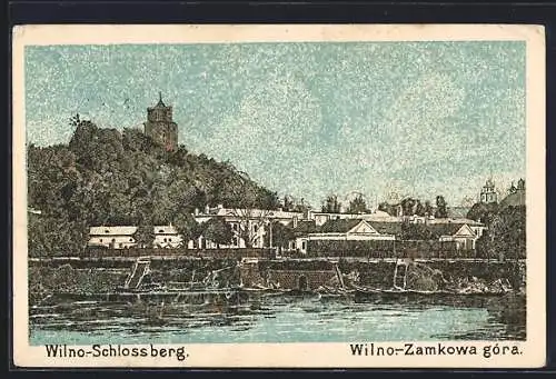 Lithographie Wilno, Schlossberg, vom Wasser gesehen