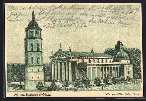 Lithographie Wilno, Kathedral-Platz mit Turm und Kathedrale