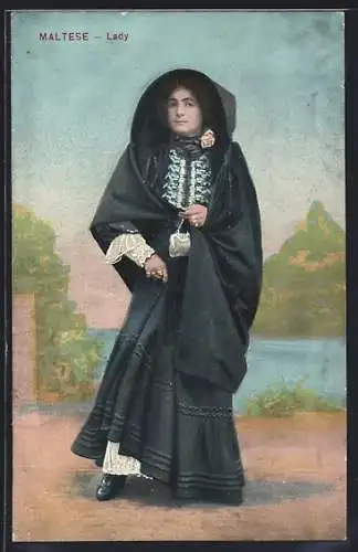 AK Malta, Lady, Malteserin in Volkstracht