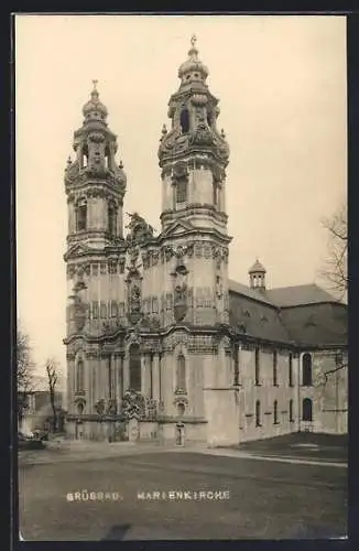 AK Brüssau, Marienkirche von der Wiese aus