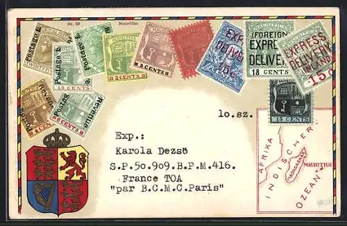 Künstler-AK Mauritius, Landarte mit Madagaskar, Afrika und Indischem Ozean, Briefmarken und Wappen