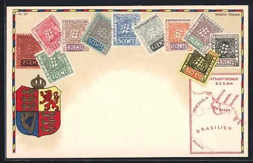 AK British Guyana, Briefmarken des Landes, Wappen und Landkarte von Südamerika