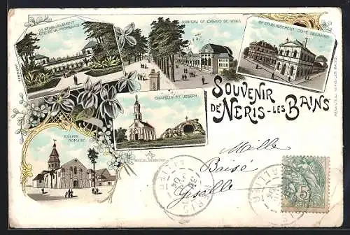 Lithographie Neirs-les-Bains, Grandes Etablissements, Coté de la Promanade et Coté Desbains, Grande Casino