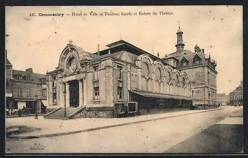 AK Commentry, Hôtel de Ville et Théâtre, facade et Entrée du Théâtre