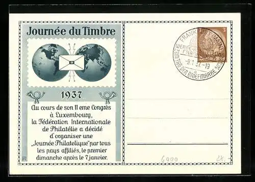 AK Luxembourg, Journee du Timbre 1937, Ganzsache 3 Pfennig