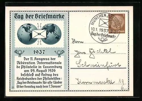 AK Tag der Briefmarke, 1937, 11. Kongress der Fédération Internationale de Philatelie in Luxemburg 1936, Ganzsache