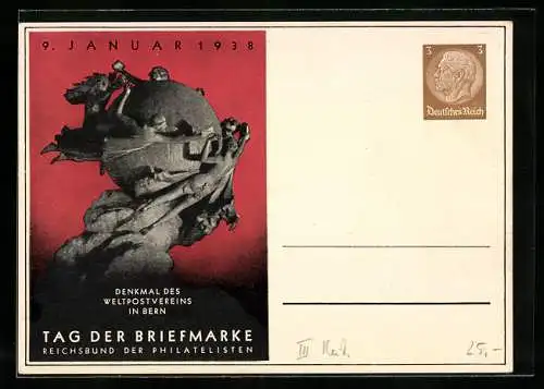 AK Berlin, Tag der Briefmarke 1938, Denkmal des Weltpostvereins Bern, Ganzsache 3 Pfennig