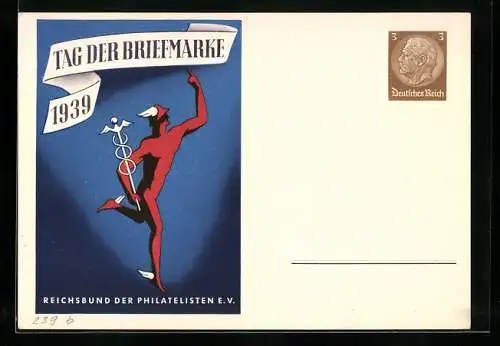 AK Tag der Briefmarke, Reichsbund der Philatelisten e.V. 1939, Hermes, Ganzsache 3 Pfennig