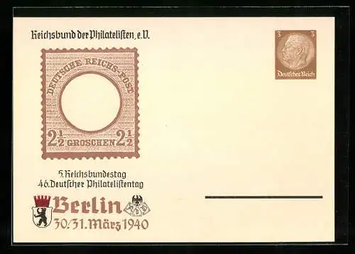 AK Berlin, 46. Deutscher Philatelistentag 1940, Ganzsache 3 Pfennig