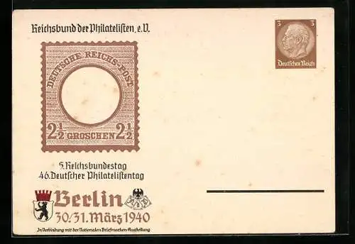 AK Berlin, 5. Reichsbundestag des Reichsbundes der Philatelisten 1940, Ganzsache 3 Pfennig