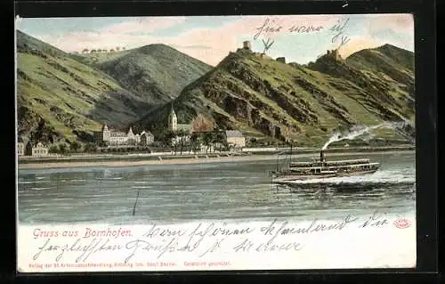 AK Bornhofen, Ortsansicht mit Dampfer