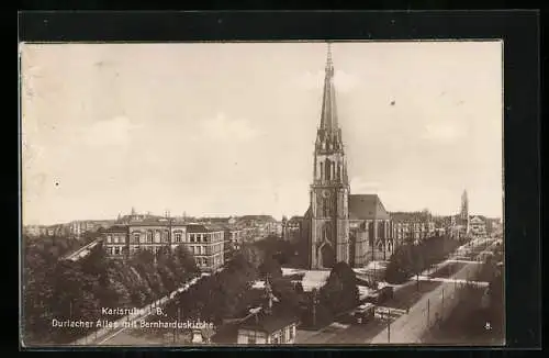 AK Karlsruhe i. B., Durlacher Allee mit Bernharduskirche