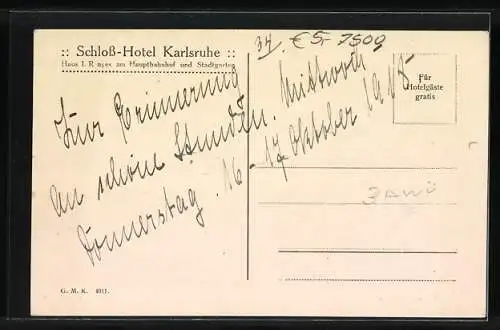 AK Karlsruhe, Schloss-Hotel am Stadtgarten