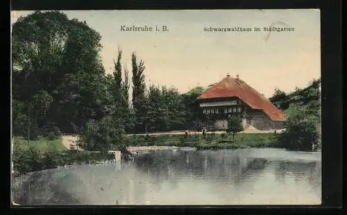 AK Karlsruhe i. B., Schwarzwaldhaus im Stadtgarten