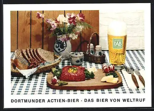 AK DAB Dortmunder Actien-Bier, Brotkorb und Mett-Teller mit Radieschen, Bierglas, Blumenvase, Pfeffer und Salz