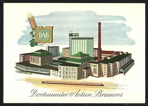 Künstler-AK Dortmund, Werbung der Dortmunder Actien-Brauerei, Fabriken aus der Vogelschau