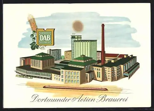 Künstler-AK Dortmund, Werbung der Dortmunder Actien-Brauerei, Fabriken aus der Vogelschau