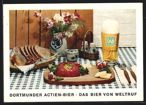 AK DAB Dortmunder Actien-Bier, Brotkorb und Mett-Teller mit Radieschen, Bierglas, Blumenvase, Pfeffer und Salz