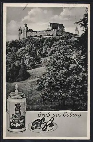 AK Coburg, Veste Coburg mit Bier Coburger Hofbräu