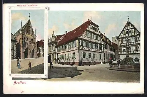 AK Bretten, Strassenpartie mit Hotel Krone, Melanchthonhaus