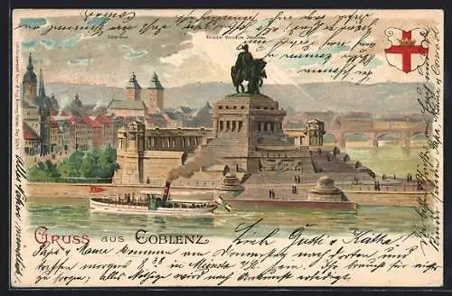 Lithographie Coblenz, Kaiser Wilhelm-Denkmal und Dampfschiff