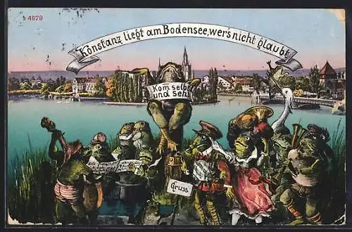 AK Konstanz, Vermenschlichte Frösche vor der Stadt