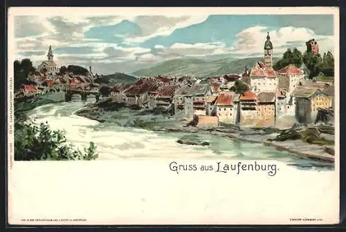 Künstler-AK C.Biese: Laufenburg, Ortsansicht von oben mit Brücke