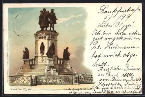 Lithographie Frankfurt a./Main, Das Gutenberg Denkmal