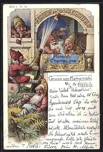 Künstler-AK Berlin, Zwergen-Gruss von Kempinski, Champagne