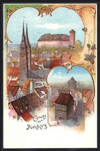 Lithographie Nürnberg, Dürerhaus, Blick auf die Burg