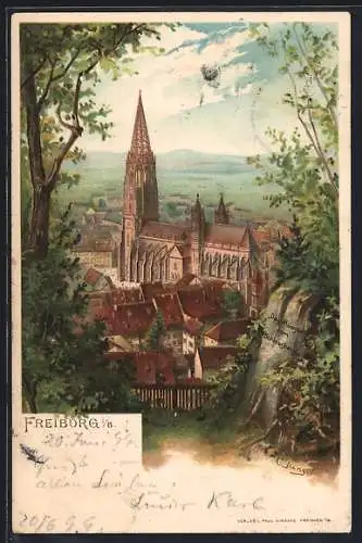 Künstler-AK Freiburg / Breisgau, Das Münster vom Schlossberg aus