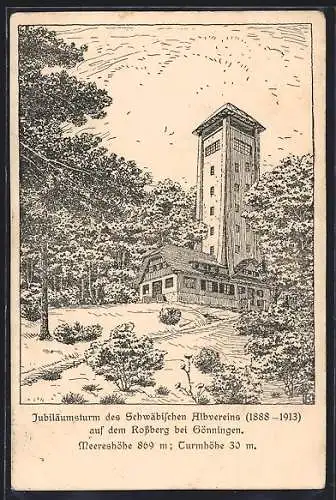 Künstler-AK Gönningen, Ansicht vom Jubiläumsturm des Schwäbischen Albvereins auf dem Rossberg