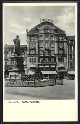 AK Eisenach, Lutherdenkmal vor Hotel Thüringer Hof