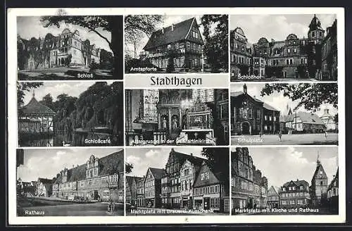 AK Stadthagen, Marktplatz mit Brauerei-Ausschank, Schlosscafe, Schlosshof