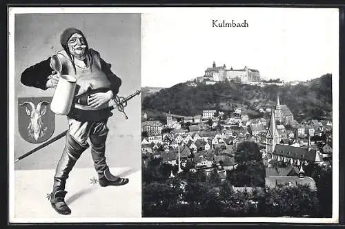 Künstler-AK Kulmbach, Gesamtansicht, Landsknecht mit Bierkrug