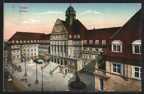 AK Kassel, Rathaus mit Brunnen und Bahn