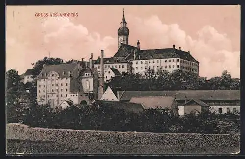 AK Andechs, Blick von den Feldern auf das Kloster