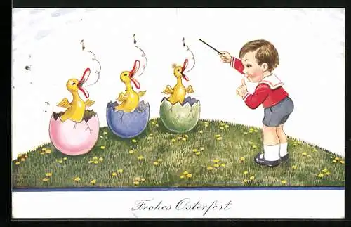 Künstler-AK John Wills: Kleiner Junge dirigiert Küken-Chor