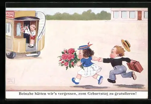 Künstler-AK John Wills: Geburtstagsgratulanten rennen hinter Bus her