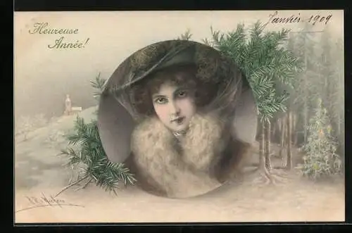 Künstler-AK Wichera: Elegante Dame mit Hut und Pelzstola, Winterlandschaft, Tannenzweige, Heureuse Annee