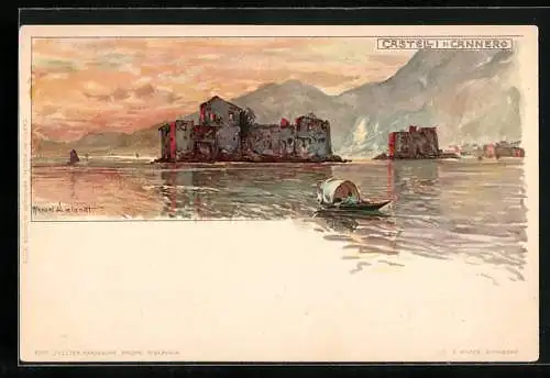 Künstler-Lithographie Manuel Wielandt: Cannobio, Castell di Cannero, Ruderboot