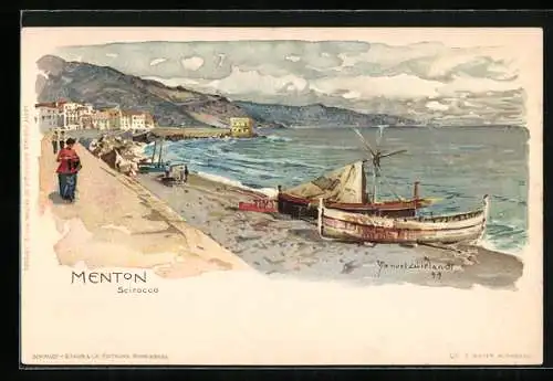 Künstler-Lithographie Manuel Wielandt: Menton, Scirocco, Hafenpanorama